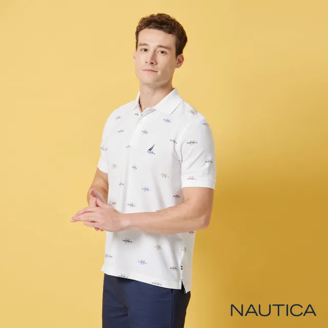【NAUTICA】男裝 經典滿版品牌LOGO吸濕排汗短袖POLO衫(白色)