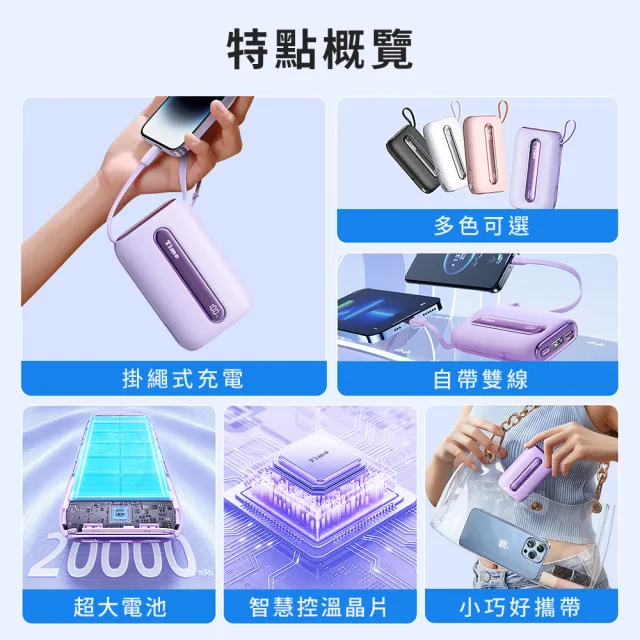 【Timo】TM-PB002 20000mAh 22.5W 數顯自帶線五彩石行動電源(Type-C+Lightning線)