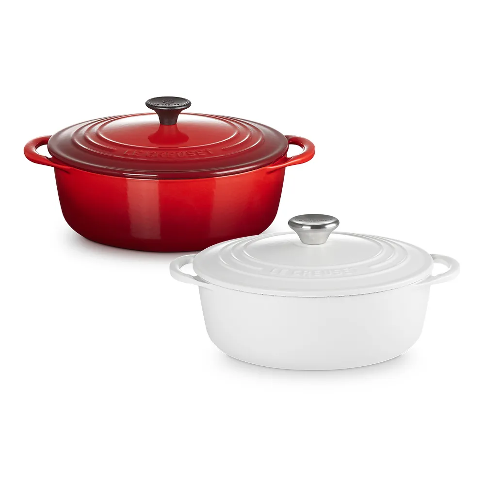 【Le Creuset】BIS琺瑯鑄鐵鍋圓鍋 22cm(2.6L淺鍋 棉花白/櫻桃紅 2色選1)