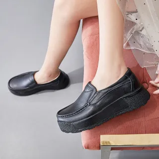 【LOVE FOOT 樂芙】真皮樂福鞋 厚底樂福鞋/真皮舒適捆邊圓頭百搭鬆糕厚底休閒鞋 樂福鞋(黑)