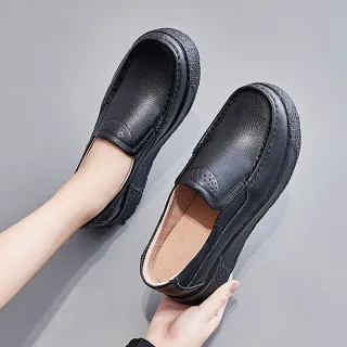 【LOVE FOOT 樂芙】真皮樂福鞋 厚底樂福鞋/真皮舒適捆邊圓頭百搭鬆糕厚底休閒鞋 樂福鞋(黑)