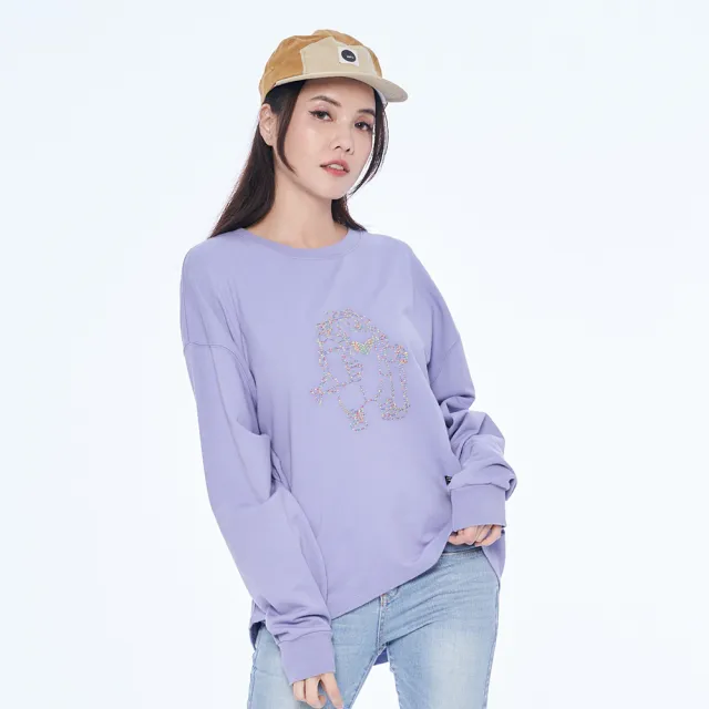【5th STREET】雙11 女裝彩色線繡花熊寬版長袖T恤-紫色
