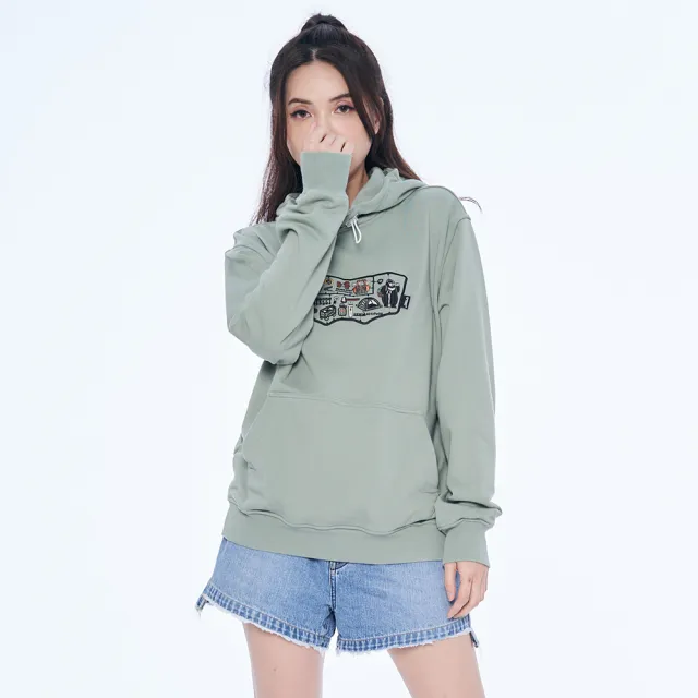 【5th STREET】雙11 中性款露營繡花圖案長袖帽T-綠色(山形系列)