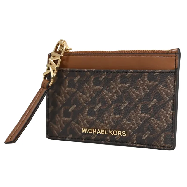 【Michael Kors】經典MK LOGO印花皮革拼接信用卡名片零錢包(深咖/咖)