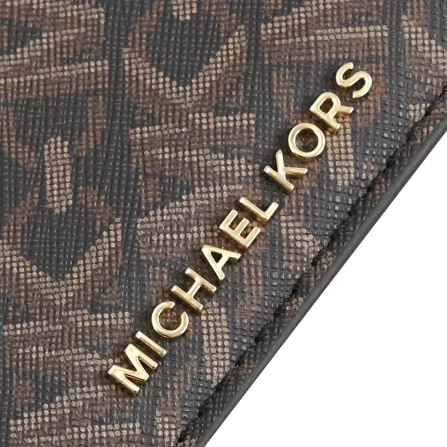 【Michael Kors】經典MK LOGO印花皮革拼接信用卡名片零錢包(深咖/咖)