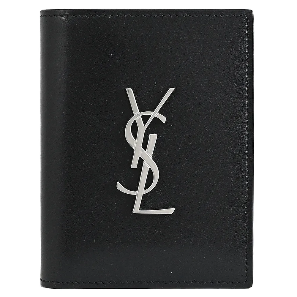 【YSL】簡約金屬字母LOGO滑面小牛皮窄版對折4卡短夾(黑/銀)