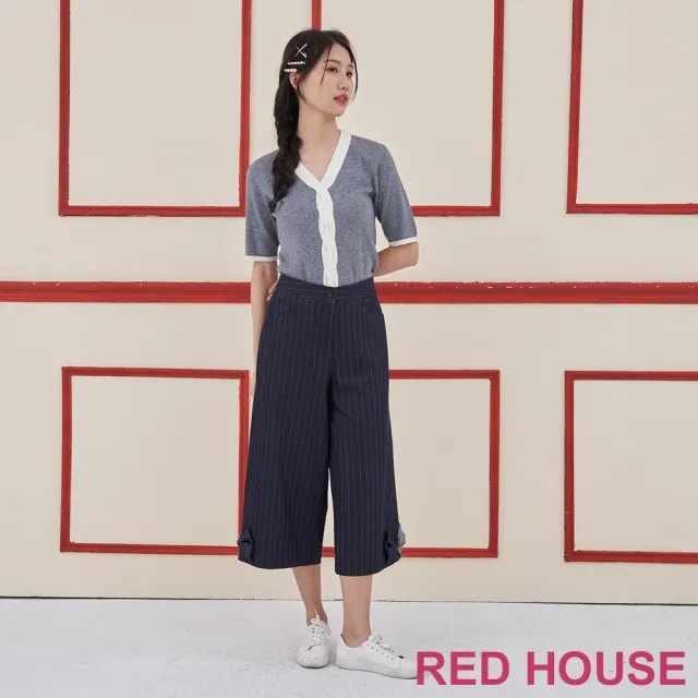 【RED HOUSE 蕾赫斯】褲口蝴蝶結條紋寬褲(深藍色)