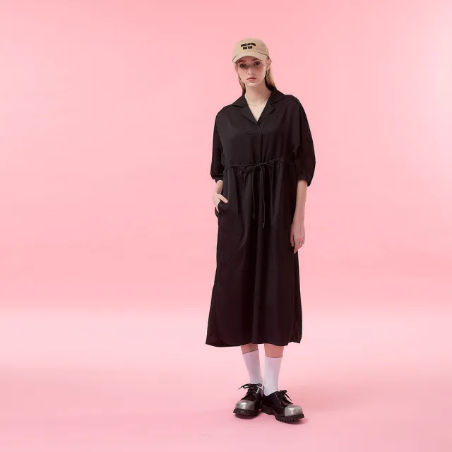 【ICHE 衣哲】Cop.Copine 法式簡約學院風抽繩造型七分袖長洋-兩色(黑)