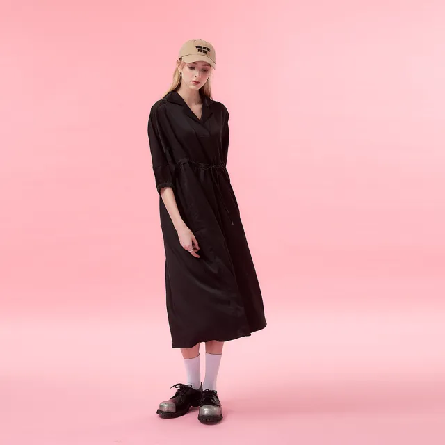 【ICHE 衣哲】Cop.Copine 法式簡約學院風抽繩造型七分袖長洋-兩色(黑)