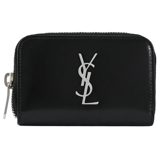 【YSL】經典字母LOGO小牛皮信用卡名片三層拉鍊零錢包(黑)