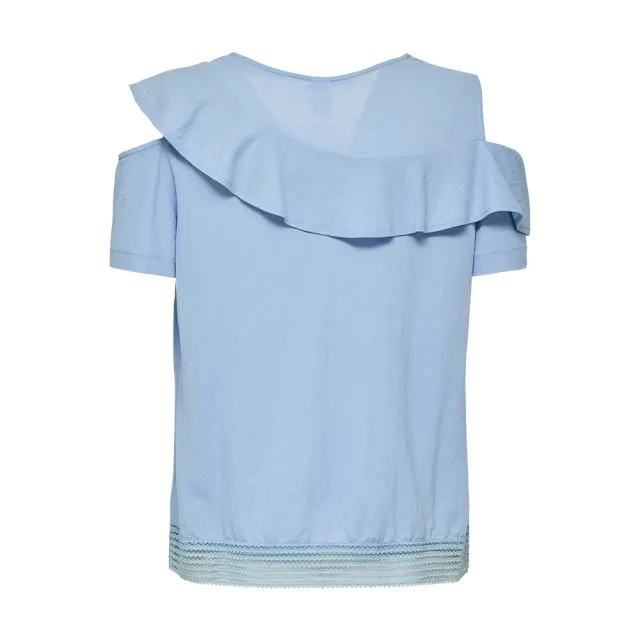【ILEY 伊蕾】荷葉活片露肩短袖上衣(淺藍色；M-XL；1242011038)