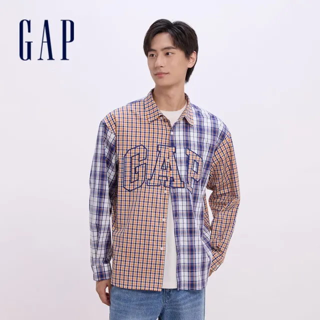 【GAP】男裝 Logo純棉刺繡翻領長袖襯衫-橙色(635882)