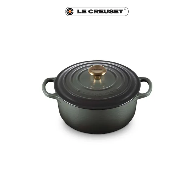 【Le Creuset】典藏琺瑯鑄鐵鍋圓鍋 20cm(百里香綠-金頭-內鍋白)