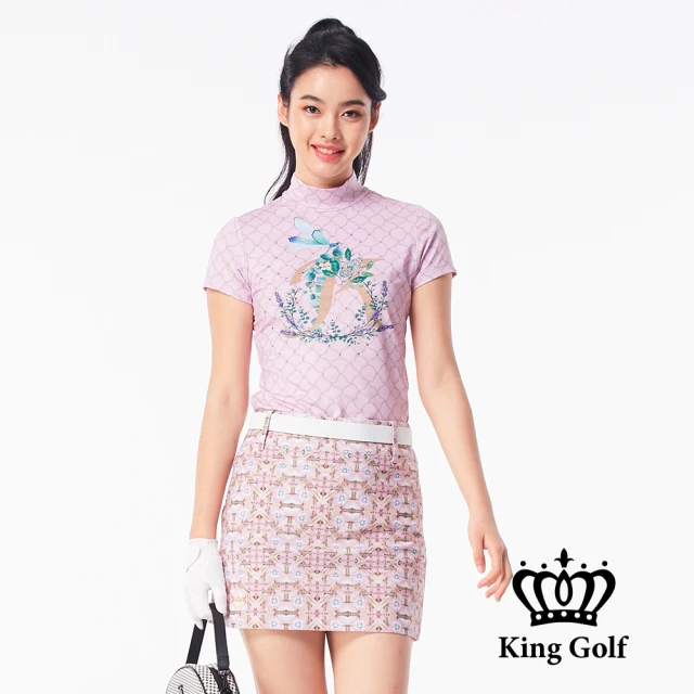 KING GOLF MOMO特談-女款蜻蜓花卉印花草寫K字立體貼鑽涼感小立領上衣/高爾夫球衫(粉色)