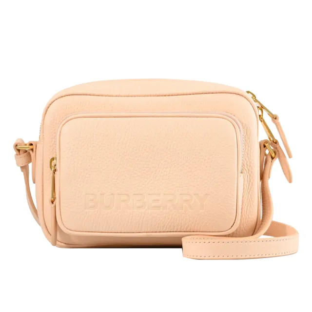 【BURBERRY 巴寶莉】簡約烙印LOGO小牛皮前口袋相機包斜背包(粉)