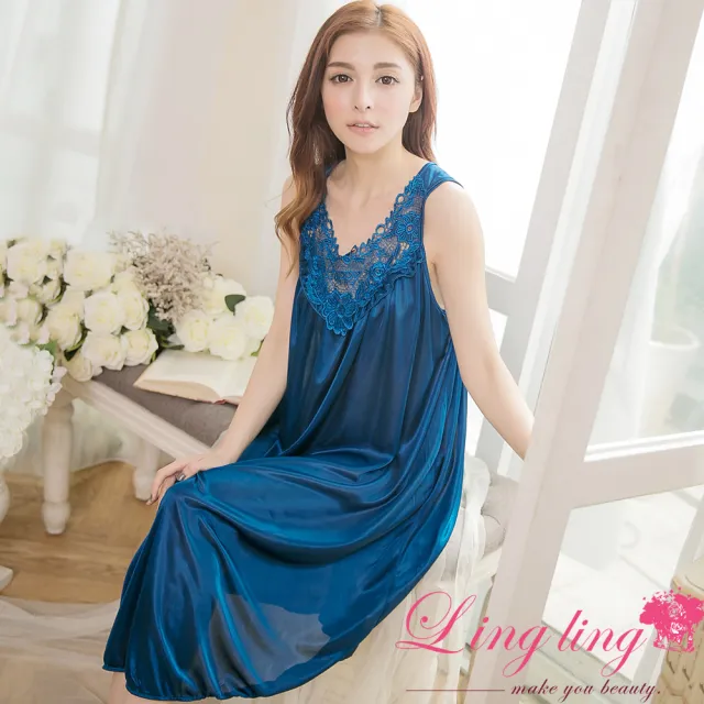 【lingling】全尺碼-雕花蕾絲冰絲連身背心睡衣 居家服睡裙(PA2838-共11色可選)