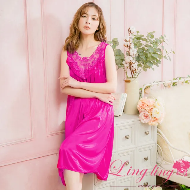 【lingling】全尺碼-雕花蕾絲冰絲連身背心睡衣 居家服睡裙(PA2838-共11色可選)