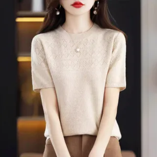 【LANNI 藍尼】★圓領絲光棉鏤空針織上衣(上衣/女裝/T恤/休閒/百搭)