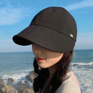 【AnnaSofia】限時特價-遮陽防曬鴨舌帽小臉帽-橢金釦斜紋棉寬簷 現貨(黑系)