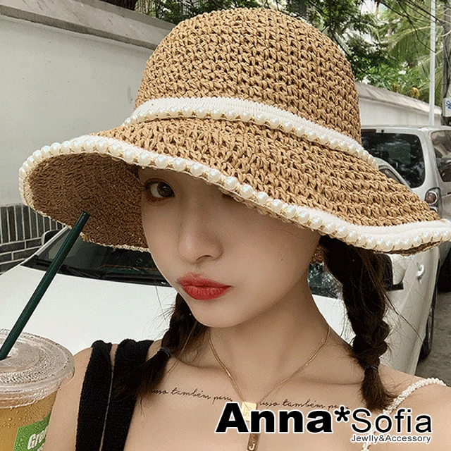 AnnaSofia 遮陽帽防曬帽淑女帽網美渡假草帽海灘帽漁夫帽-媛珠繞滾邊 現貨(駝系)