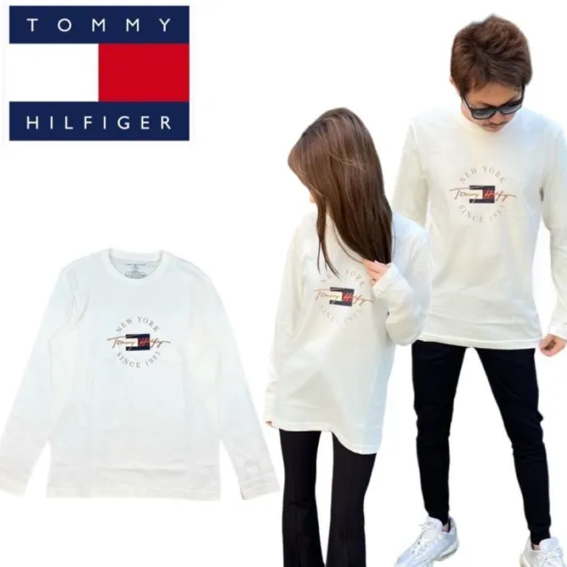 【Tommy Hilfiger】歐美版型 輕薄款 長袖圓領T恤 上衣 休閒 居家穿搭 米白/深藍色(請參考尺碼表後再選購)