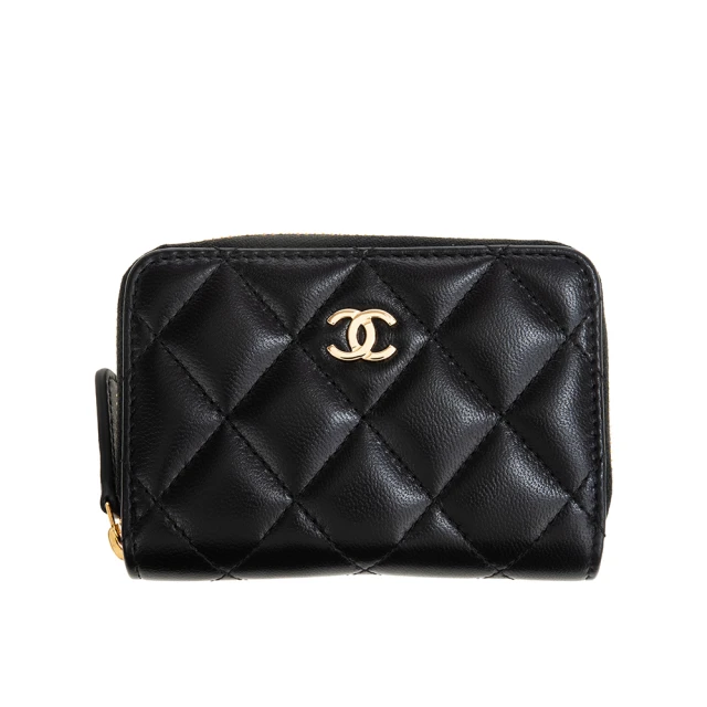 CHANEL 香奈兒 經典雙C LOGO 金釦菱格紋皮革拉鍊零錢包(黑色)