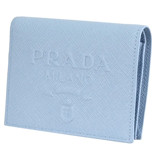 【PRADA 普拉達】經典立體浮雕LOGO防刮皮革對折零錢短夾(淺藍)