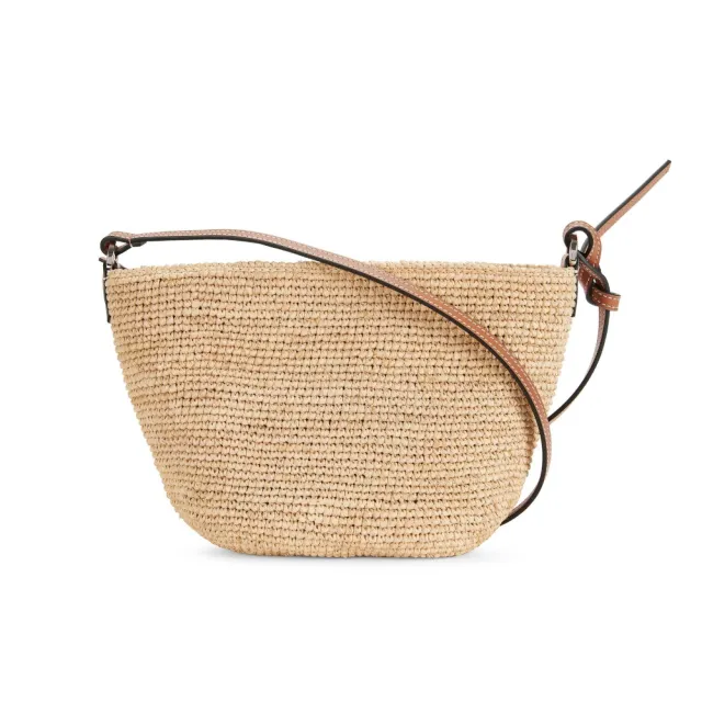 【LOEWE 羅威】Slit Pochette 酒椰纖維 緹花拼小牛皮 拉鍊 肩背包 水桶包 草編包 原色 棕褐色