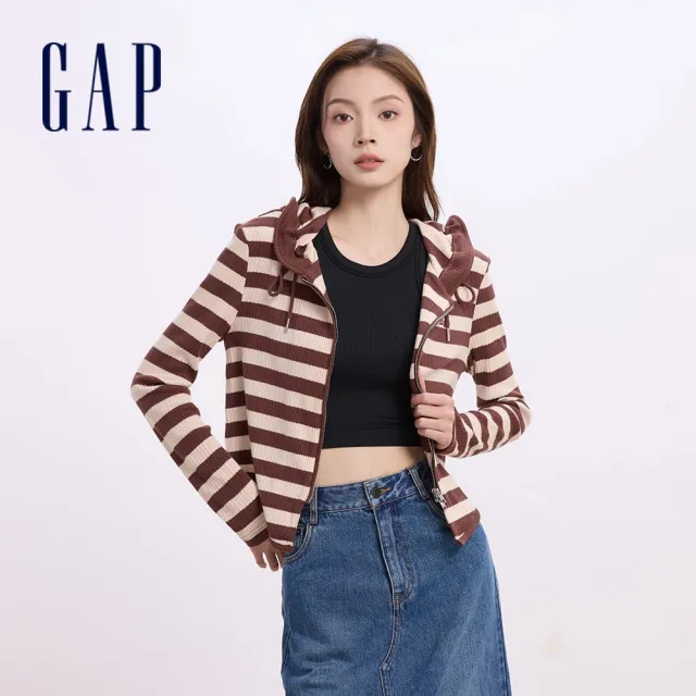 【GAP】女裝 Logo連帽針織外套-棕色條紋(637695)