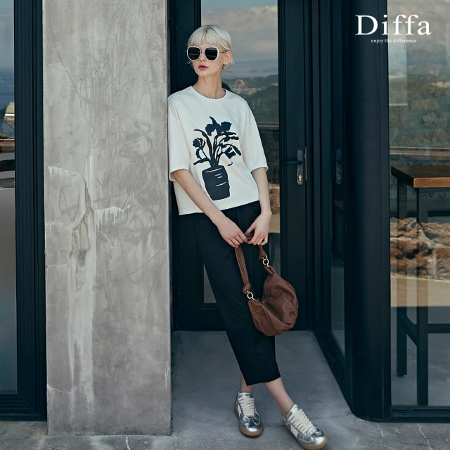 Diffa 美型剪裁鬆緊腰長寬褲-女