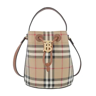 【BURBERRY 巴寶莉】LolaTB金字LOGO格紋帆布束口水桶包(石楠木棕色)