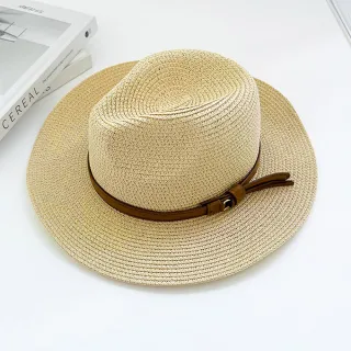 【AnnaSofia】遮陽帽防曬帽網美渡假草帽海灘帽紳士帽爵士帽-麂皮流蘇扣帶 現貨(杏系)