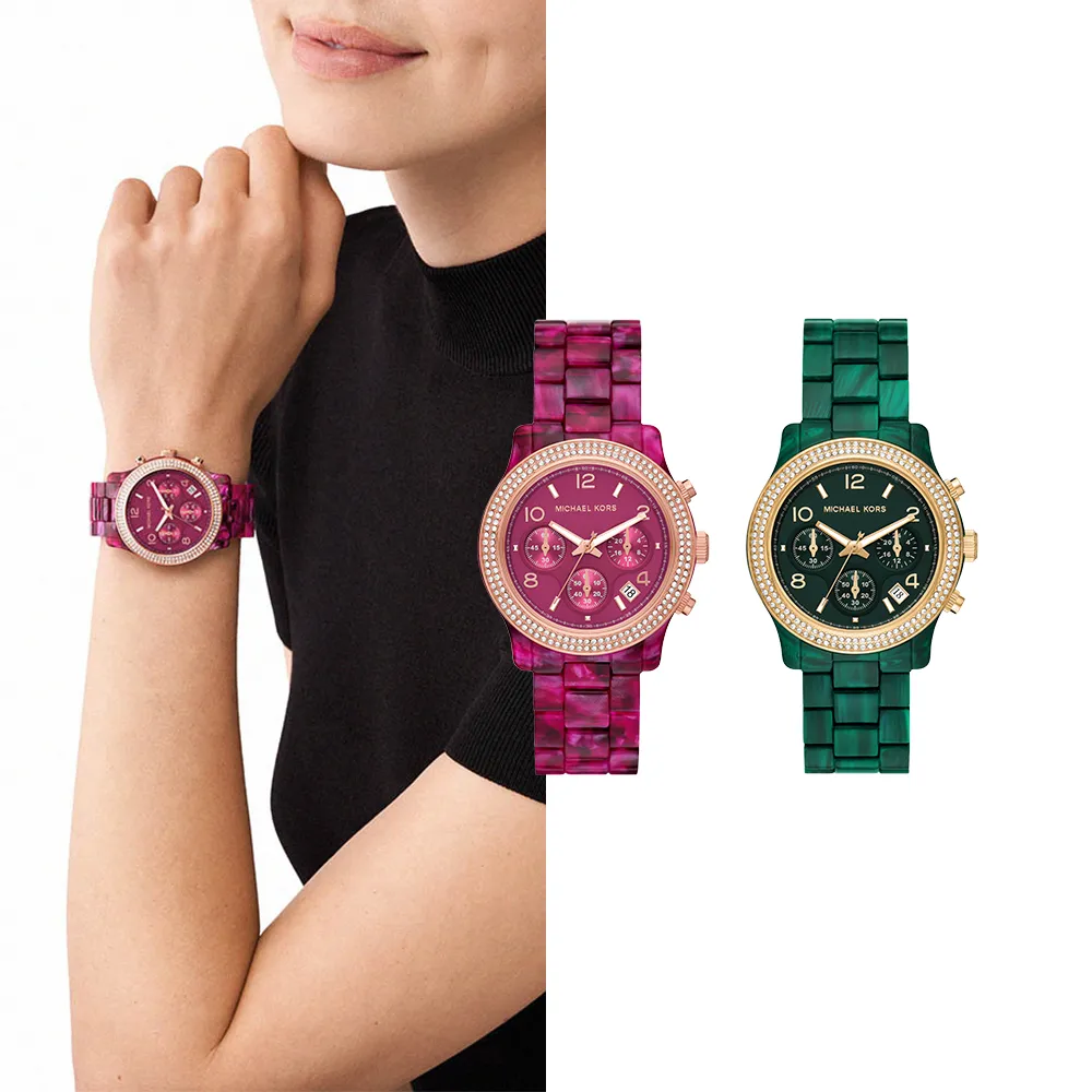 【Michael Kors 官方直營】Runway系列 環鑽三眼女錶 樹脂錶帶 手錶 38MM