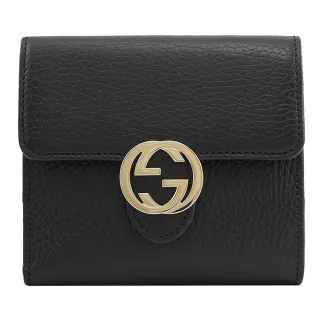 【GUCCI 古馳】簡約金屬雙G LOGO小牛皮雙面扣式零錢短夾(黑)