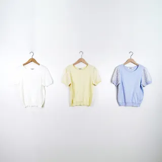 【CUMAR】花團錦簇拼接蕾絲袖針織短袖上衣(白 紫 黃/魅力商品)