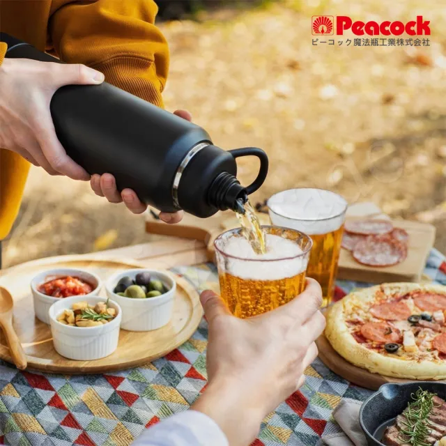 【Peacock 日本孔雀】戶外手提式 氣泡水 汽水 碳酸飲料 啤酒杯 316不鏽鋼保溫杯1000ML(防撞底座)