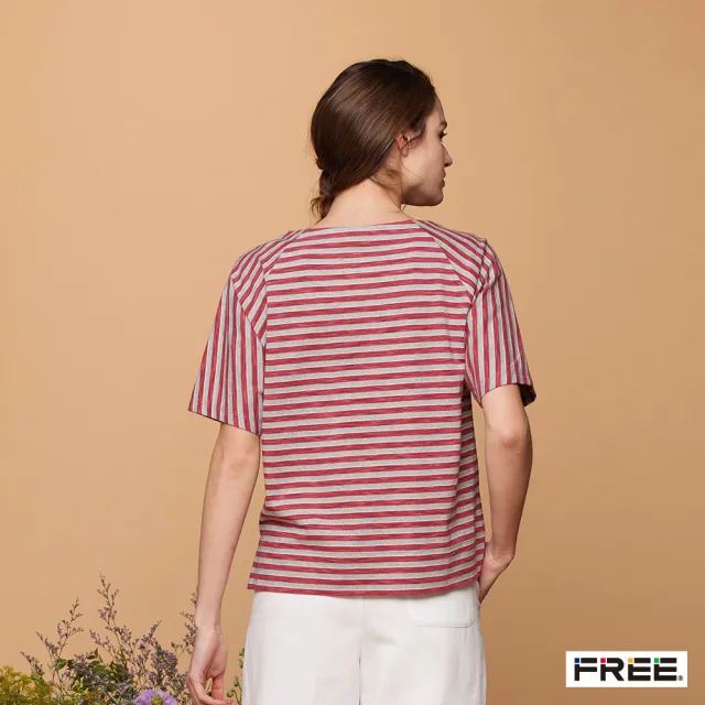 【FREE】純棉條紋前短後長圓領上衣(紅色)