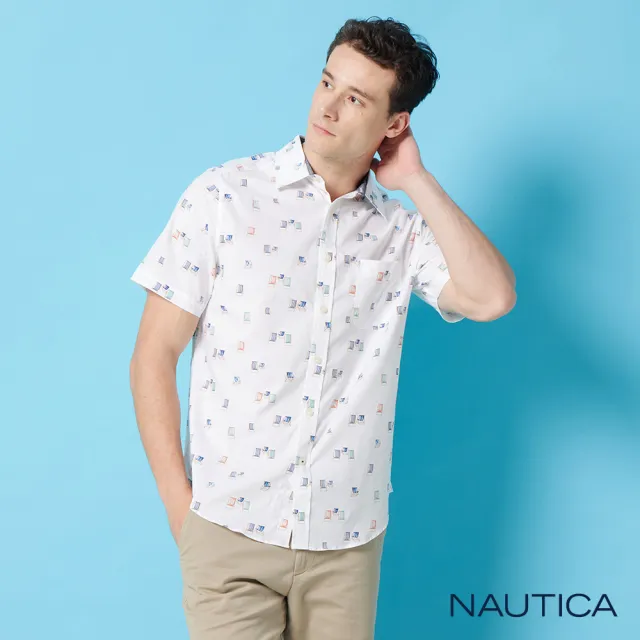 【NAUTICA】男裝 手繪感多彩方格短袖襯衫(白色)