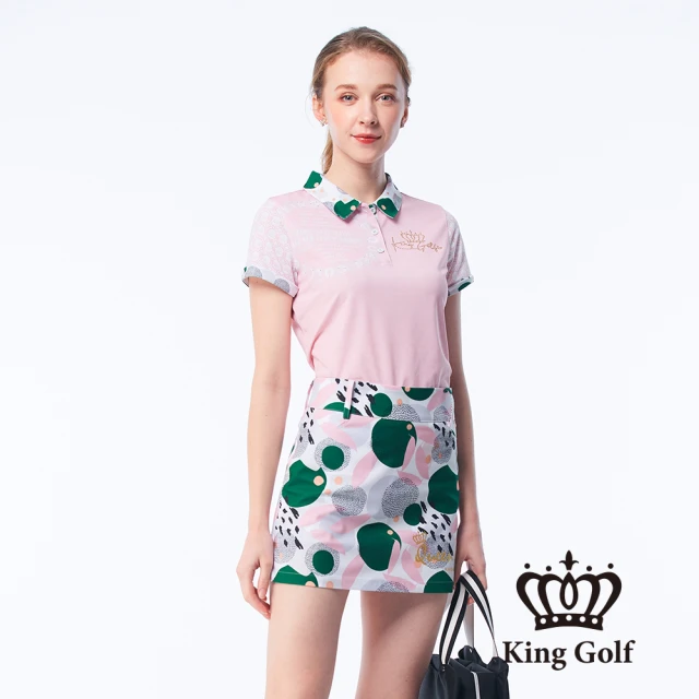 KING GOLF MOMO特談-女款文字印圖領片印花金蔥LOGO刺繡涼感短袖POLO衫/高爾夫球衫(粉色)