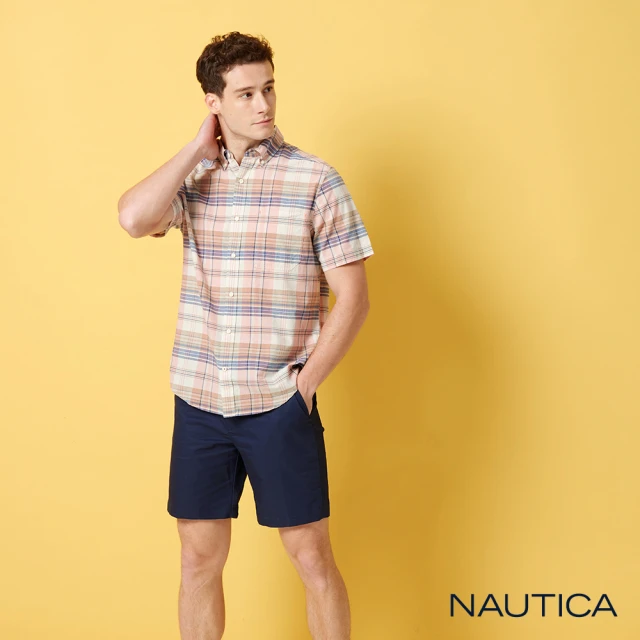 NAUTICA 男裝 純棉柔感格紋短袖襯衫(粉藍色)