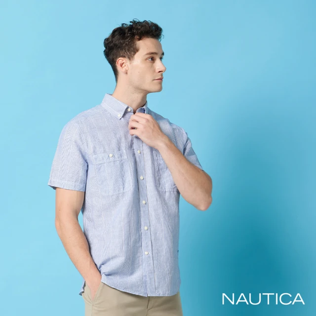 NAUTICA 男裝 條紋雙口袋設計短袖襯衫(藍色)