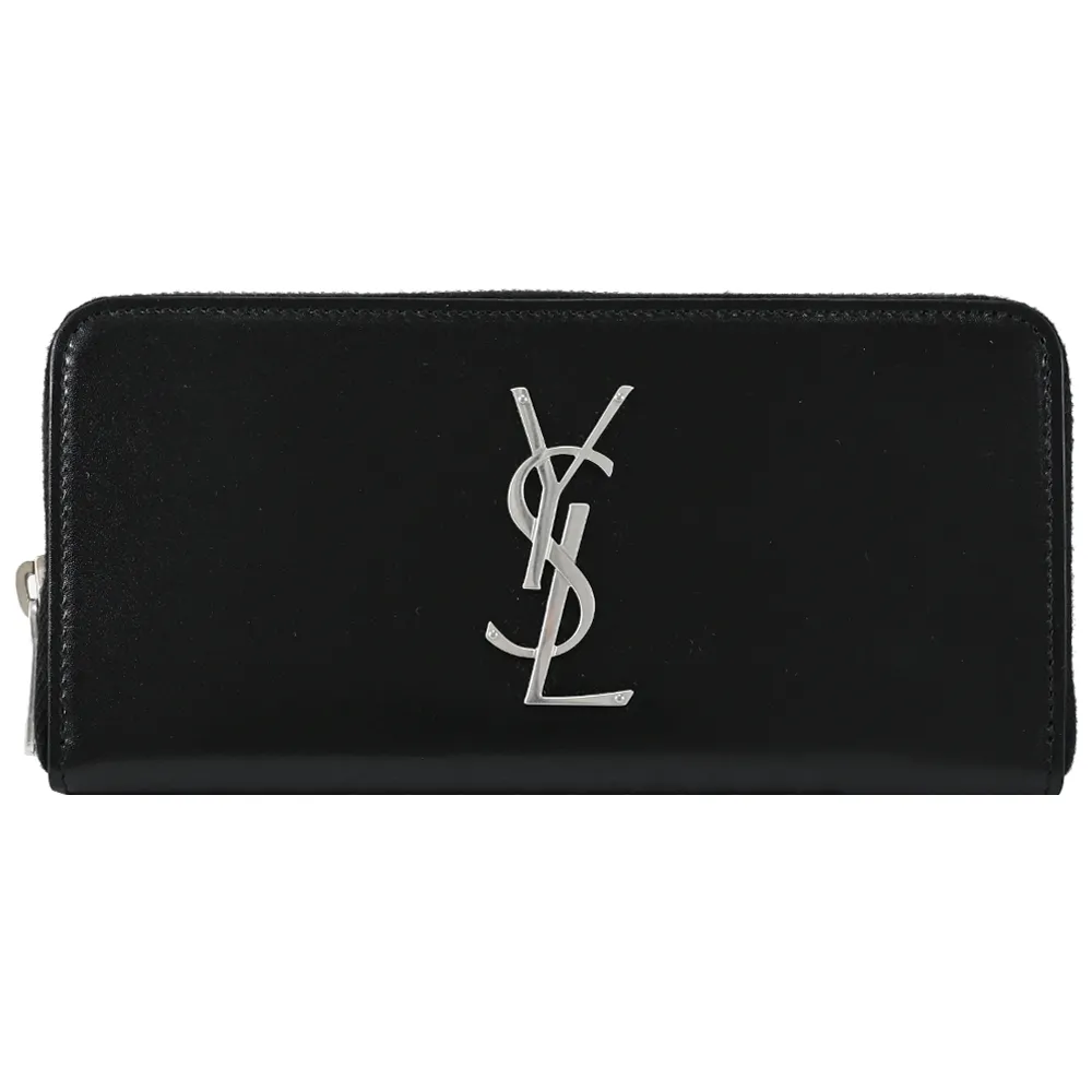 【YSL】MONOGRAM 簡約字母LOGO質感小牛皮拉鍊發財零錢長夾(黑)