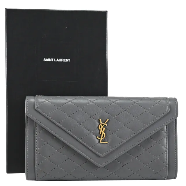 【YSL】經典字母LOGO菱格縫線小羊皮信封扣式發財零錢長夾(深灰)