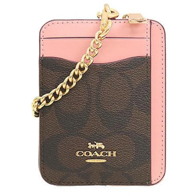 COACH PVC Logo真皮漆字奶茶色掛帶萬用手拿包(淺