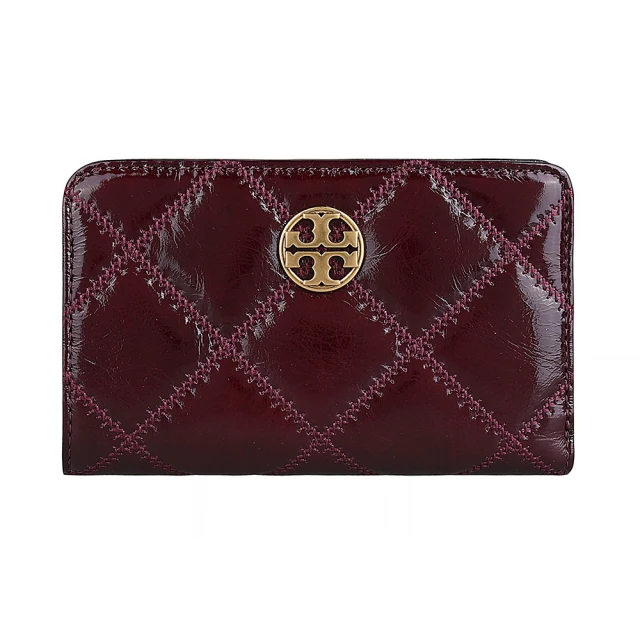 TORY BURCH TORY BURCH Willa經典圓形雙T金字LOGO菱格縫線設計漆皮10卡扣式對折中夾(深果醬紅)