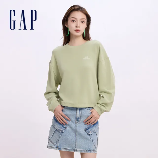 【GAP】女裝 Logo圓領長袖上衣-綠色(640250)