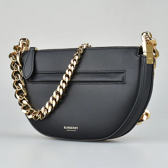 【BURBERRY 巴寶莉】BURBERRY OLYMPIA LOGO拉鍊小牛皮前拉鍊造型肩背半月包(迷你/黑)