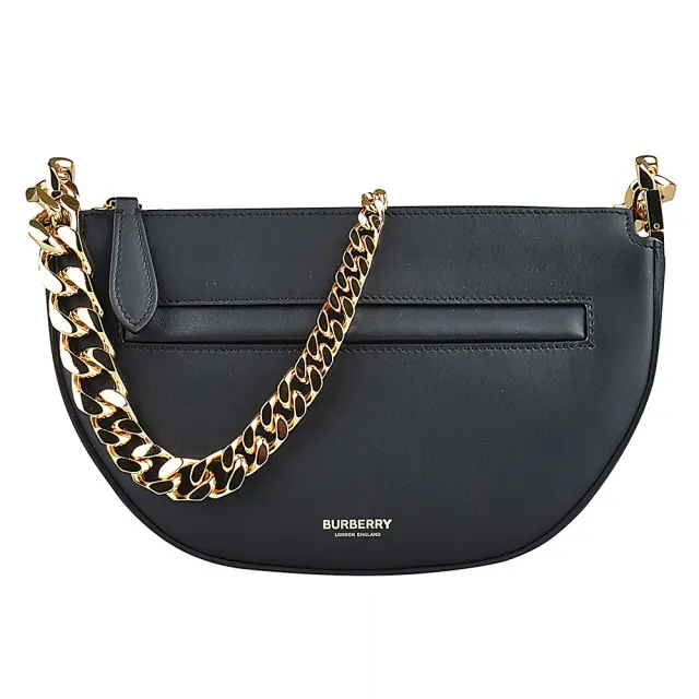 【BURBERRY 巴寶莉】BURBERRY OLYMPIA LOGO拉鍊小牛皮前拉鍊造型肩背半月包(迷你/黑)