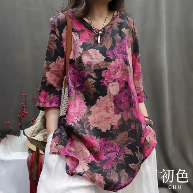 【初色】棉麻休閒寬版中長款印花上衣女上衣-9款任選-35792(M-2XL可選)