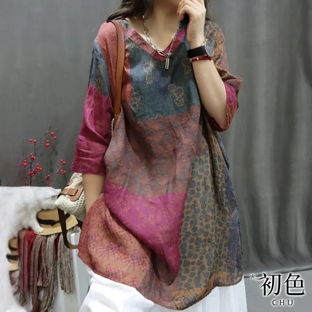 【初色】棉麻休閒寬版中長款印花上衣女上衣-9款任選-35792(M-2XL可選)